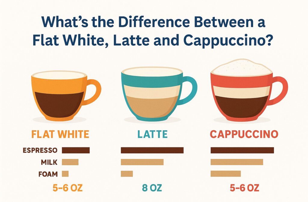 difference between a latte , cappucino and flat white ratio