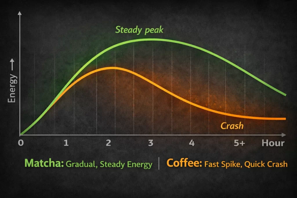 matcha vs coffee caffeine energy curve comparison graph