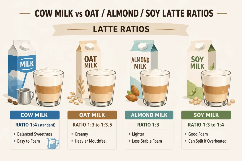 cow milk vs other vegan milks latte ratios