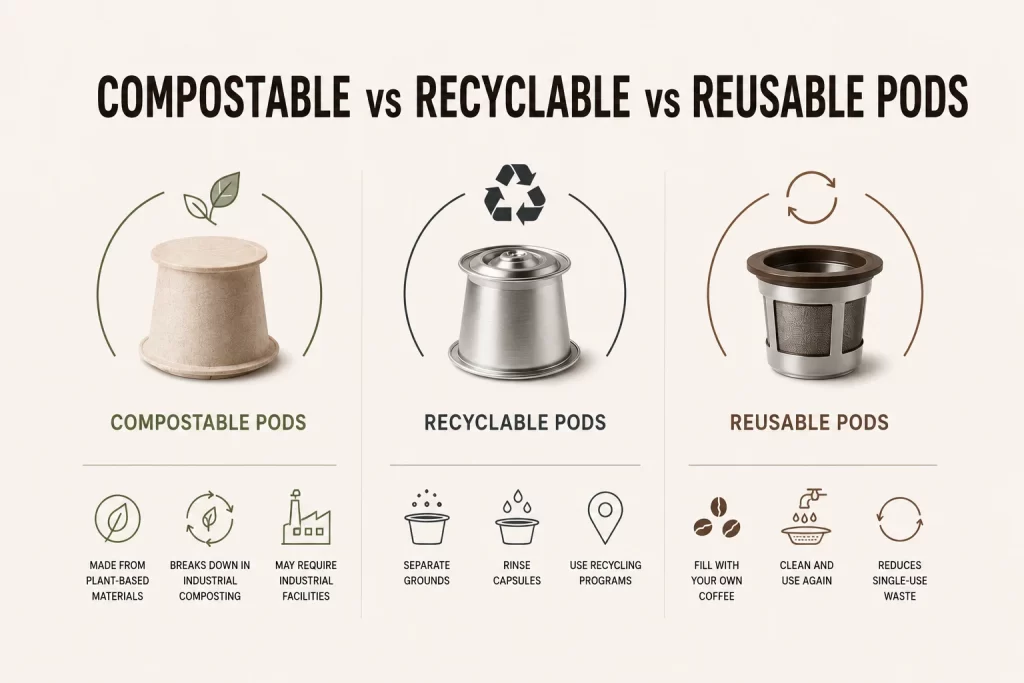 difference between compsotable vs recyclable vs resusable pods