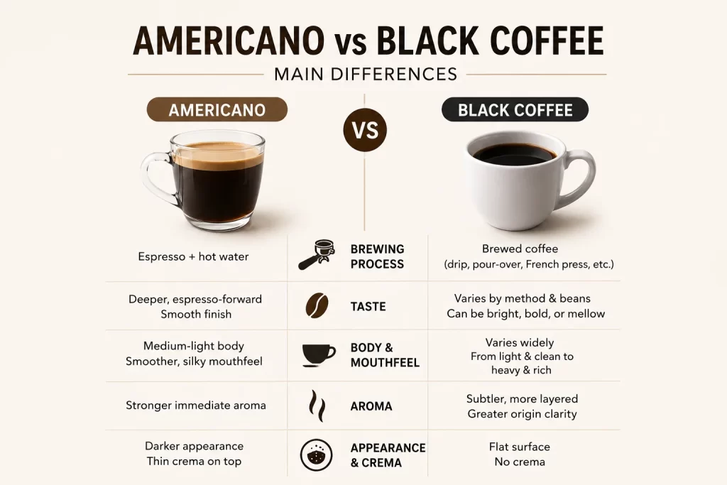 main differences between americano vs black coffee 